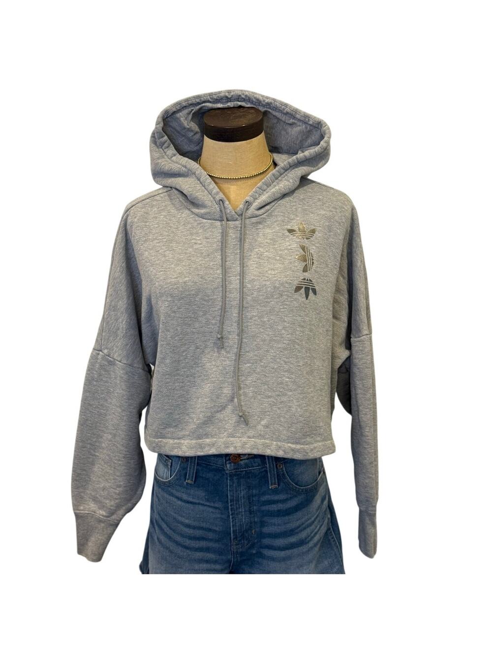 ADIDAS Gray Logo Cropped Hoodie Sweatshirt Top Shirt S Soccer
